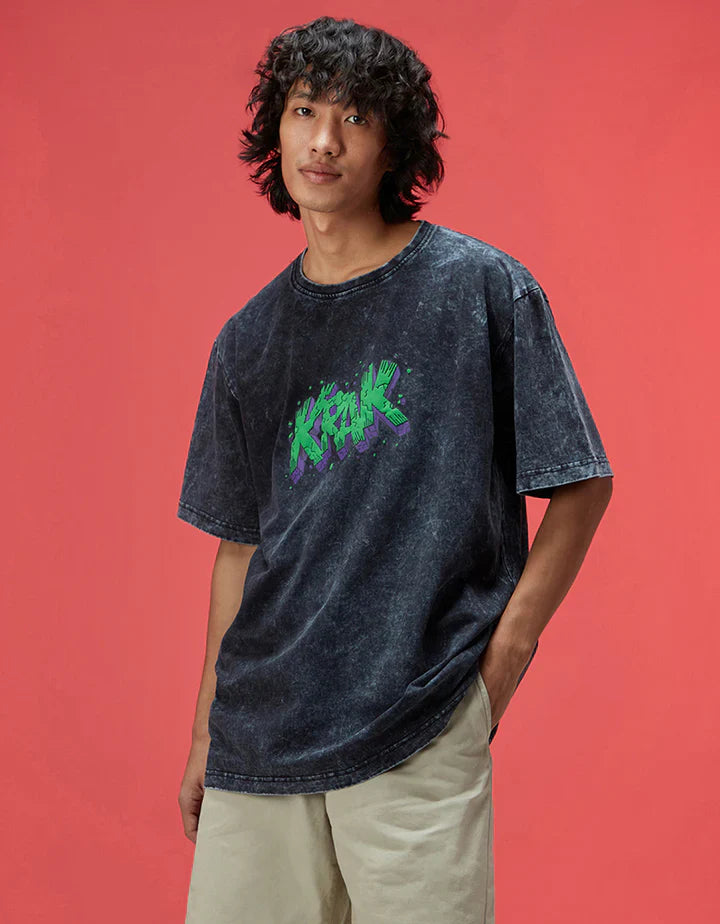 Krak Black Oversized Acid Washed Graphic Back Printed Exclusive T-shirt