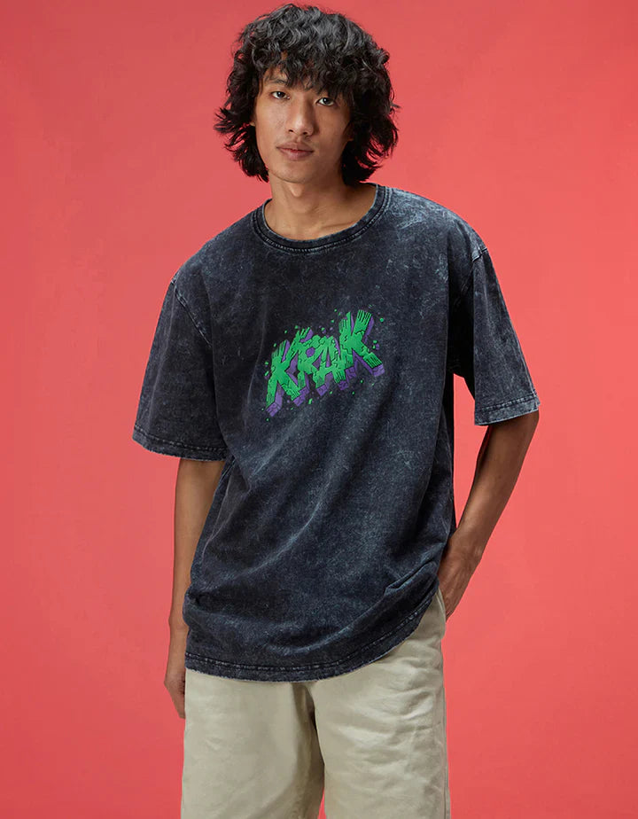 Krak Black Oversized Acid Washed Graphic Back Printed Exclusive T-shirt