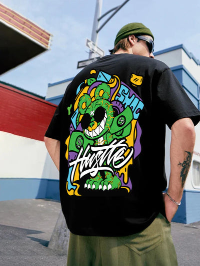 Hustle Black Oversized Back Graphic Printed Tshirt
